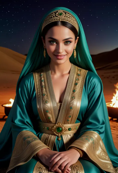 (medium full shot) of (bonnie arabian princess) young woman, black hair, hairbun, green eyes, slender, tan skin, wearing Opulent velvet abaya with intricate gold trim, flowing sleeves, embellished with sparkling crystals, jeweled headpiece, ornate jeweled headpiece with flowing veils, smiling at the viewer, set in Bedouin Camp, Nomadic settlement with tents clustered around a central fire pit, rugs spread out for seating, the scent of spices wafting from cooking pots, camels resting nearby, the haunting melody of a desert flute , at night, ,Masterpiece,best quality, photorealistic, amazing quality, very aesthetic, extremely detailed face,