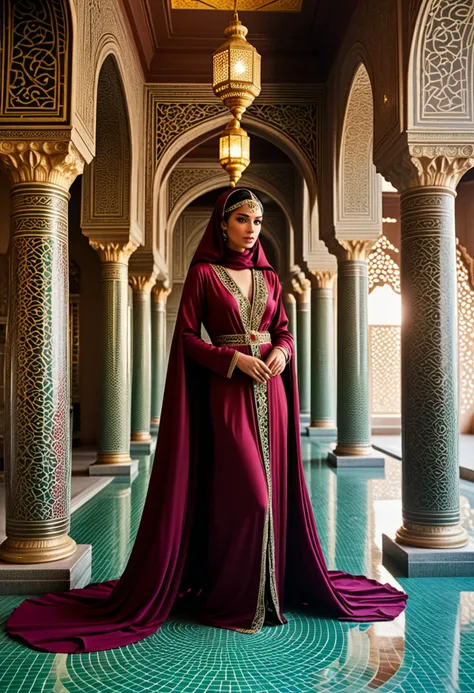 (stacked papercut art by kiri ken) of a  arabian princess, black hair, wavy hair, green eyes, petite, tan skin,             wearing Ornate maroon velvet abaya with intricate beadwork, silk trousers, ornamental headscarf, beaded sandals, ornate jeweled headpiece with flowing veils,             set in  Harem Bathhouse, Luxurious hammam with marble floors, mosaic-tiled walls, steaming pools of water, attendants offering massages and perfumed oils , at sunset award winning, very aesthetic