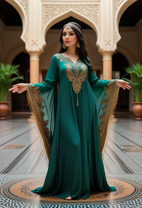 (medium full shot) of (attractive arabian princess) young woman, black hair, straight hair, brown eyes, curvy, tan skin,             wearing Regal caftan in emerald green, with intricate beadwork, flowing sleeves, jeweled headdress, ornate sandals, intricately patterned silk hijab with beaded accents, surprised, open mouth, pointing her finger at the viewer,  set in  Courtyard Oasis, Tranquil space with a central fountain, mosaic tiles, intricately carved wooden screens, the rustle of palm leaves in the breeze , at sunset, ,Masterpiece,best quality, photorealistic, amazing quality, very aesthetic, extremely detailed face,