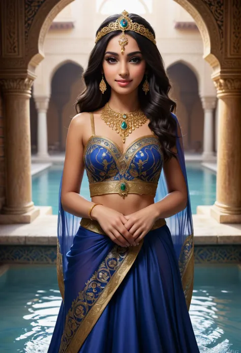 (medium full shot) of (attractive arabian princess) young woman, black hair, wavy hair, brown eyes, petite, tan skin, wearing Traditional Arabian dress in royal blue, with gold brocade details, voluminous skirt, ornate belt, jeweled hairpin, ornate jeweled headpiece with cascading veil, smiling at the viewer, set in Bathhouse Oasis, Tranquil retreat with marble pools and mosaic-tiled baths, fragrant oils and scented waters, the sound of splashing and laughter, the murmur of conversation and the rustle of towels , Masterpiece,best quality, photorealistic, amazing quality, very aesthetic, extremely detailed face,