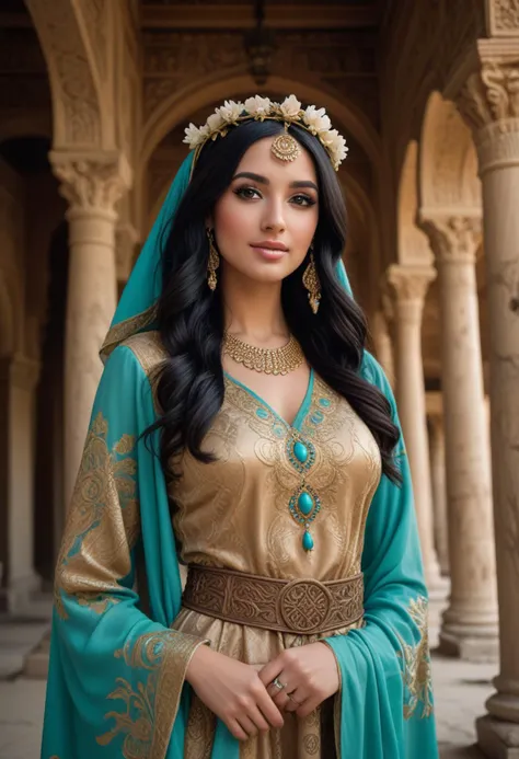 (medium full shot) of  (vivacious arabian princess) young woman, curvy, black hair, straight hair, brown eyes, tan skin, wearing Lavish turquoise tunic with gold brocade, billowy sleeves, fitted bodice, jeweled belt, embroidered headscarf, floral wreath crown with trailing ribbons, set in  Ruined Temple, Ancient temple with crumbling columns, intricate carvings, faded frescoes depicting mythological scenes, the eerie silence of centuries past, the whisper of ghosts in the wind , smiling at the viewer, Masterpiece,best quality, photorealistic, amazing quality, very aesthetic, extremely detailed face,