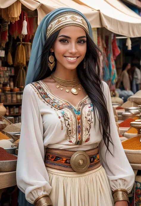 (medium full shot) of (supermodel arabian princess) young woman, willowy build, black hair, straight hair, brown eyes, tan skin, wearing a elaborate headscarf with intricate embroidery, ivory embroidered blouse with intricate details, flowing chiffon skirt with chic elements, platform heels with elegant accents, smoky eyeshadow, beaded sash with coin accents gold bangles, set in  Oasis Marketplace, Vibrant market with colorful tents and stalls, exotic goods from distant lands, the cry of merchants and the chatter of bargaining, the scent of spices and incense, the promise of adventure and treasure , woman smiling, ,Masterpiece,best quality, raw photo, realistic, very aesthetic