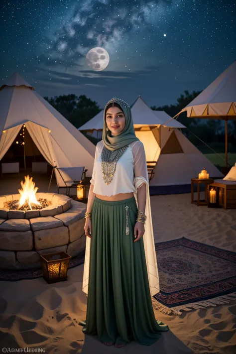 (spring:1.2),(under the moonlight:1.2),<lora:LCM_LoRA_Weights_SD15:1>,<lora:detail_slider_v4:1.1>,(angelic arabian princess) middle-aged woman, lithe build, black hair, straight hair, green eyes, tan skin, wearing beaded hijab with beaded accents, Elegant ivory silk tunic embellished with silver thread, flowing chiffon skirt, silver anklets with bells, silver sandals, set in Desert Campsite, Cozy tents pitched beneath the starry sky, crackling campfire, the scent of roasting lamb and spices wafting through the air, the sound of distant drums and laughter , at sunset,
microscopic photography, magnified, molecular, unseen worlds revealed, scientific exploration, capturing molecular details, professional imaging techniques, precise focusing, revealing hidden beauty, scientific discovery, artistic interpretation, nano scale, revealing the wonders of the unseen,(full body portrait:1.3),(wide shot:1.3),top down:1.1,