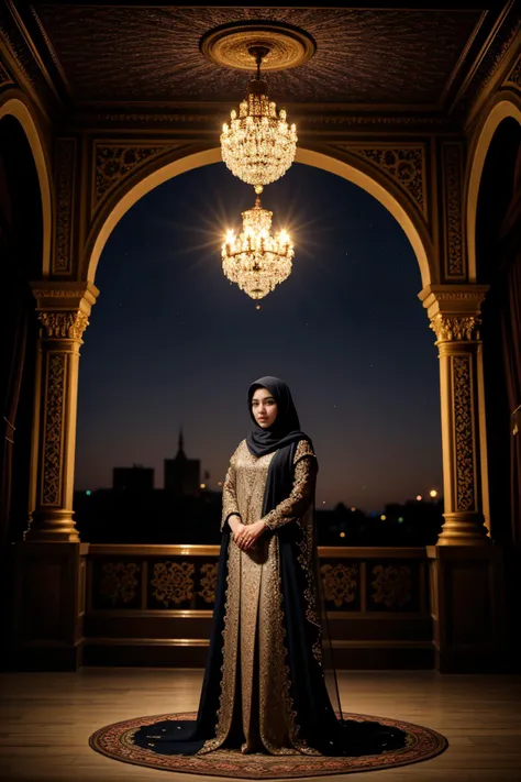 (summer:1.2),(in the afternoon:1.2),<lora:LCM_LoRA_Weights_SD15:1>,<lora:detail_slider_v4:1.2>,(bonnie arabian princess) adult woman, full-figured build, black hair, wavy hair, brown eyes, tan skin, wearing floral headscarf with intricate embroidery, Magnificent midnight-blue jilbab with intricate silver embroidery, flowing silhouette, golden slippers,  set in Harem, Music Room, assortment of musical instruments, low seating with plush cushions, intricate wall carvings, soft rugs, a small stage for performances , at sunset,
night photography, nocturnal beauty, city lights, starry skies, celestial wonders, moonlit landscapes, urban glow, capturing the essence of darkness, ethereal atmosphere, dramatic shadows, magical ambiance, long exposure techniques, expert use of light sources,(full body portrait:1.3),(wide shot:1.3),from outside:1.1,
