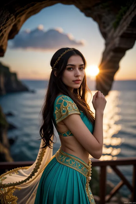 (winter:1.2),(at sunset:1.2),<lora:LCM_LoRA_Weights_SD15:1>,<lora:detail_slider_v4:1.5>,(desirable arabian princess) young woman, normal build, black hair, straight hair, green eyes, tan skin, wearing ornamental headscarf with intricate embroidery, Ornate lace gown with pearl embellishments, draped silhouette, barefoot,  set in Pirate's Cove, Secluded bay with towering cliffs and hidden caves, sunken treasure and buried secrets, the creak of rigging and the flap of sails, the cry of seabirds and the distant roll of thunder ,
macro photography, extreme close-ups, intricate details, unseen worlds, capturing texture, emphasizing details, revealing beauty in small things, professional lighting, precise focusing, artistic expression, immersive experience, expert technique,(full body portrait:1.3),(wide shot:1.3),top down:1.1,