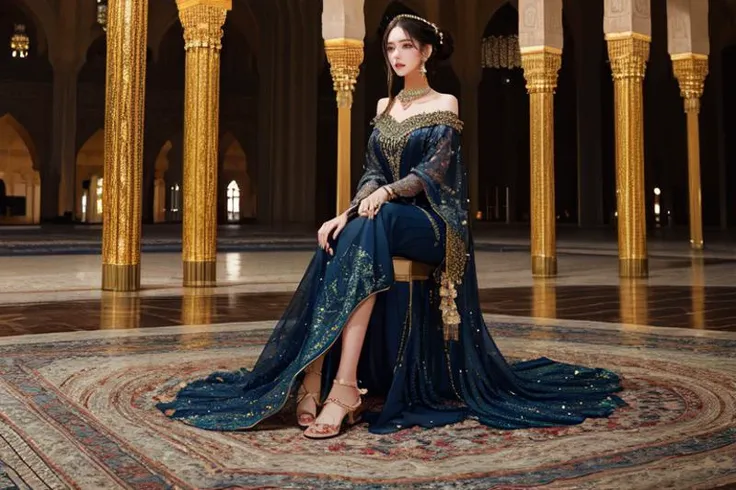 highly insanely detailed, masterpiece, top quality, best quality, highres, 4k, 8k, RAW photo, (very aesthetic, beautiful and aesthetic), (angelic arabian princess) young woman, lithe build, black hair, hairbun, green eyes, tan skin, wearing a intricately patterned silk hijab with beaded accents, sapphire blue off-shoulder dress with sequin detailing, embroidered sandals, smoky eyeshadow, delicate anklet,statement earrings, set in Grand Mosque, Architectural marvel with towering minarets, intricate arabesque designs, a vast prayer hall with rows of ornate carpets, the soothing sound of the call to prayer echoing through the courtyard , at sunset,
dark backgroundâââ