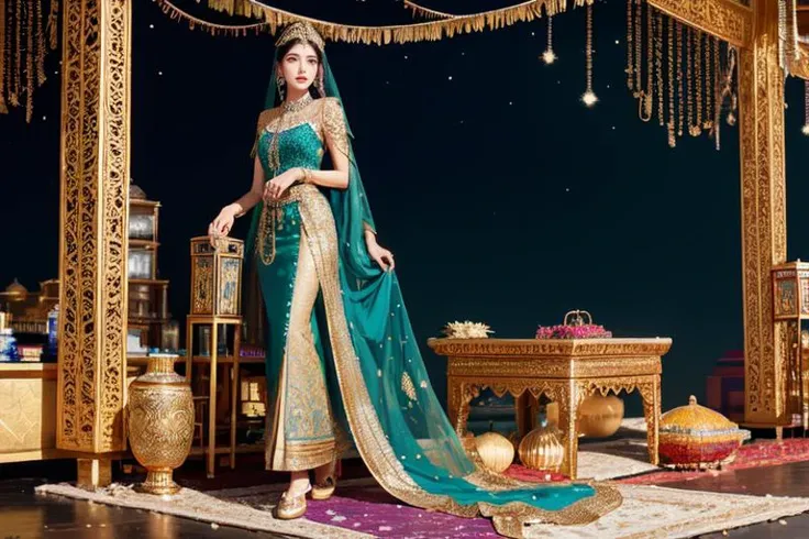 highly insanely detailed, masterpiece, top quality, best quality, highres, 4k, 8k, RAW photo, (very aesthetic, beautiful and aesthetic), (bonnie arabian princess) young woman, slim build, black hair, straight hair, green eyes, tan skin, wearing a ornate golden headpiece with flowing veils, sapphire blue midi dress with intricate designs, loafers with chic design, kohl eyeliner, delicate anklet,gold bangles, set in Grand Bazaar, Bustling marketplace with colorful stalls, exotic spices piled high, vibrant silks fluttering in the breeze, the aroma of incense and roasted nuts, the cacophony of vendors calling out their wares , at night, 
neon blue background,neon magenta background âââ