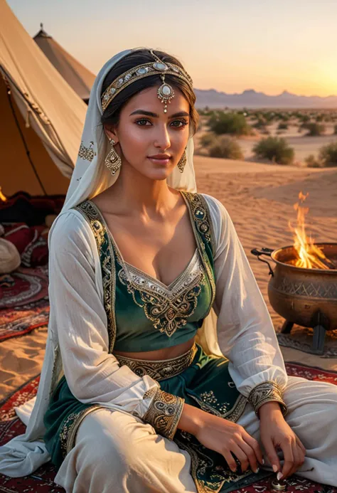 (medium full shot) of (lovely arabian princess) young woman, lithe build, black hair, hairbun, green eyes, tan skin, wearing a embroidered velvet turban with jeweled brooch, silver chiffon blouse with intricate details, draped chiffon skirt with chic elements, ornate sandals, glossy lipgloss, golden sash with coin accents gold bangles, set in  Bedouin Camp, Nomadic settlement with tents clustered around a central fire pit, rugs spread out for seating, the scent of spices wafting from cooking pots, camels resting nearby, the haunting melody of a desert flute , at sunset, woman smiling, ,Masterpiece,best quality, photo, realistic, very aesthetic, detailed face,