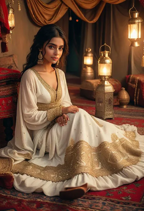 (medium full shot) of (bonnie arabian princess) young woman, lithe build, black hair, straight hair, green eyes, tan skin, wearing a cascading silk veil , ivory gold brocade gown with pearl embellishments and flowing train, jeweled sandals, deep red lipstick, delicate anklet statement earrings, set in  Bedouin Camp, tents arranged in a circle, camels resting nearby, traditional rugs and lanterns, community gathered around a central fire , at sunset, woman smiling, ,Masterpiece,best quality, photo, realistic, very aesthetic