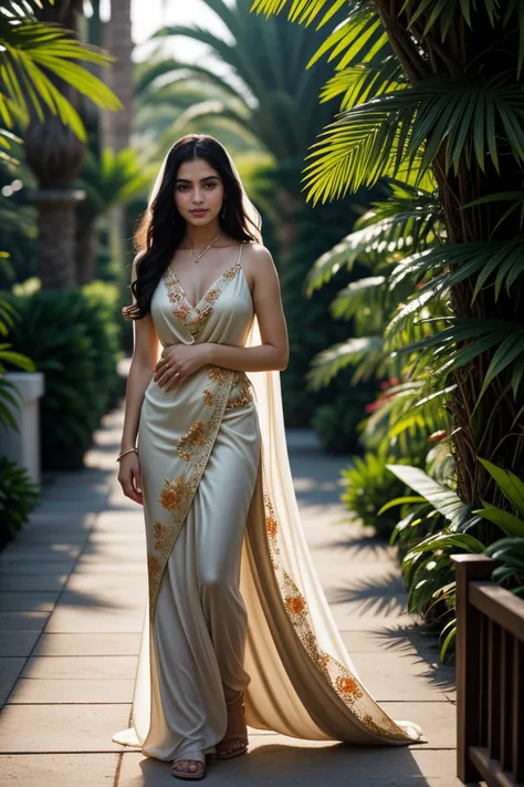 (summer:1.2),(in the afternoon:1.2),<lora:LCM_LoRA_Weights_SD15:1>,<lora:detail_slider_v4:1.2>,(esthetic arabian princess) adult woman, willowy build, black hair, wavy hair, green eyes, tan skin, wearing silk chiffon scarf with hand-painted floral motifs, Flowing silk gown with beaded bodice, draped skirt, jeweled veil, satin sandals,  set in Oasis Retreat, Tranquil haven amidst the desert sands, palm trees swaying in the breeze, cool pools of water, the rustle of silk tents, the scent of jasmine and rosewater ,
minimalist photography, simplicity in composition, clean lines, uncluttered visuals, negative space, focusing on essential elements, conveying tranquility, understated beauty, elegant aesthetics, subtle storytelling, capturing the essence of minimalism,(full body portrait:1.3),(wide shot:1.3),from above:1.1,