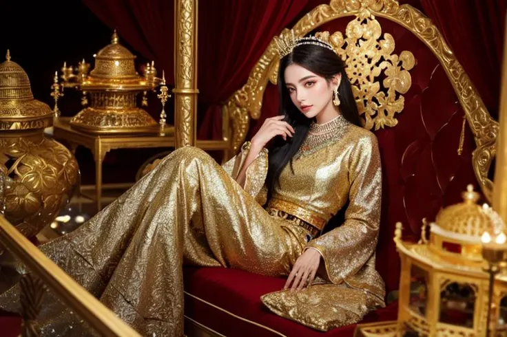 highly insanely detailed, masterpiece, top quality, best quality, highres, 4k, 8k, RAW photo, (very aesthetic, beautiful and aesthetic), (lovely arabian princess) young woman, petite build, black hair, straight hair, green eyes, tan skin, wearing a golden filigree crown with cascading pearls, ivory gold brocade gown with chic patternsand flowing train, loafers with chic design, smoky eyeshadow, statement earrings,gold armband, set in Silk Road, Ancient trade route bustling with merchants from distant lands, camels laden with goods, travelers resting at caravanserais, the promise of adventure and riches on the horizon , at night, 
vibrant red backgroundâââ