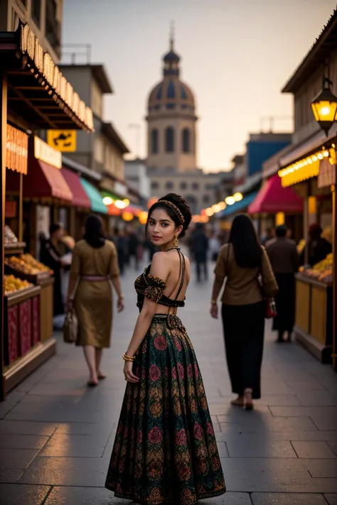 (autumn:1.2),(at sunset:1.2),<lora:LCM_LoRA_Weights_SD15:1>,<lora:detail_slider_v4:1.5>,(attractive arabian princess) young woman, lithe build, black hair, hairbun, brown eyes, tan skin, wearing floral headscarf with intricate embroidery, Traditional Arabian dress in royal blue, with gold brocade details, voluminous skirt, ornate belt, jeweled hairpin, barefoot,  set in Oasis Bazaar, Bustling marketplace with vibrant tents, merchants haggling over goods, exotic spices filling the air, colorful tapestries fluttering in the wind, street performers entertaining the crowds , at sunset,
portrait photography, capturing emotion, personality, flattering lighting, professional, engaging, compelling composition,(full body portrait:1.3),(wide shot:1.3),from behind:1.1,