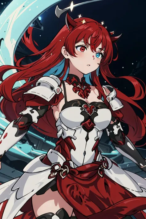 best quality, intricate details,
1girl, Irys \(hololive\), (dichromia red and blue eyes), (long red hair:1.2), heterochromia, multicolored eyes, horns, halo, <lora:Irys768-000012:1>
<lora:war_glamv1.1:0.8> War_Glam, wearing War_Glam, red armor, plate armor, boobplate, seraphim,