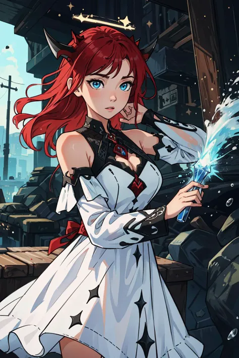 (masterpiece, best quality),  intricate details, 8k, artstation, wallpaper, official art, splash art, sharp focus,
 1girl, <lora:Irys768-000012:0.8> (irys \(hololive\)), white dress, detached sleeves, (dichromia red and blue eyes), long red hair, [halo], horns,