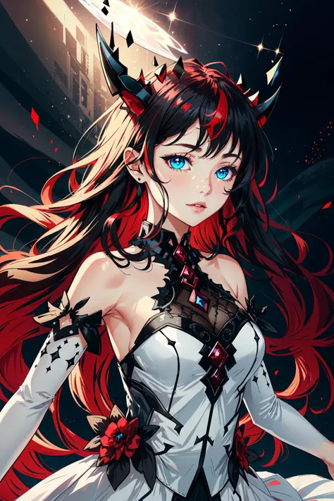 best quality, intricate details,
1girl, <lora:Irys768-000012:0.8> Irys \(hololive\), white dress, detached sleeves, (dichromia red and blue eyes), long red hair, heterochromia, multicolored eyes, horns, halo,