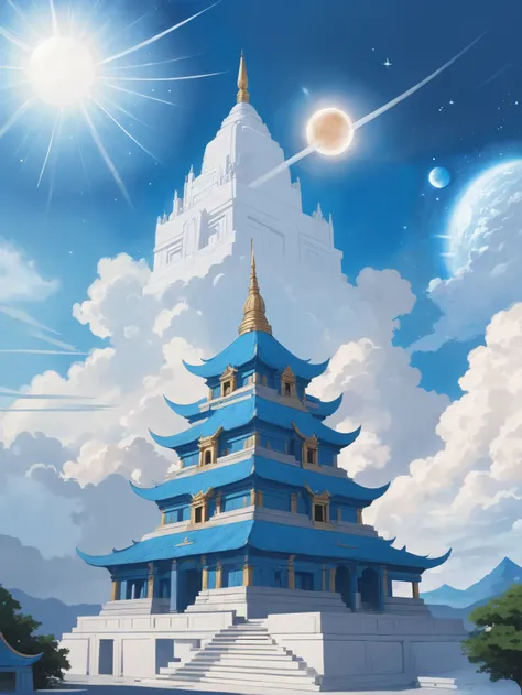 digital painting, celestial, noon, blue sky, clouds scenery, in a Sacred Temples<lora:EnvyCelestialXL02:1>