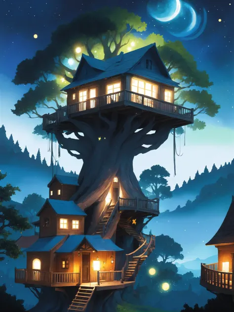 digital painting, celestial, brightly lit interior, in a Dated Treetop village<lora:EnvyCelestialXL02:1>