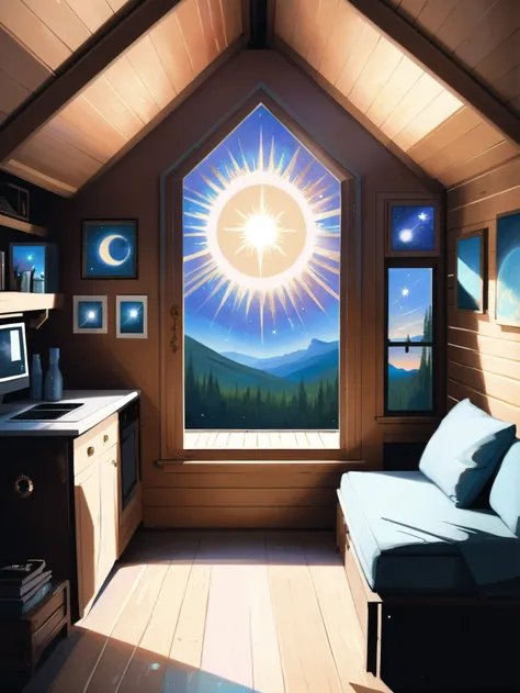 digital painting, celestial, natural sunlight interior, in a Hip cabin<lora:EnvyCelestialXL02:1>
