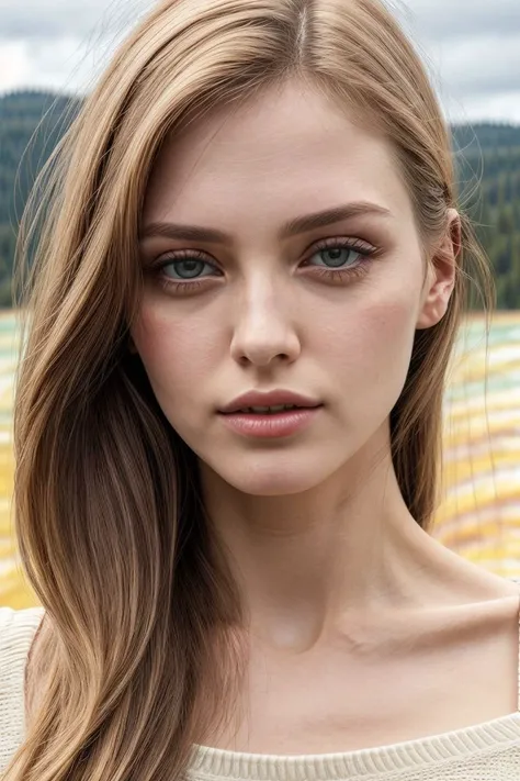 European woman, closeup, (shirt), pants, (yellowstone), (), ZM_alicia, wide shoulders, perfect face, (contact iris: 1.1), pale skin, skin pores , depth of field