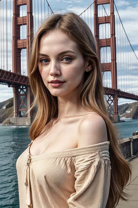 Photo of beautiful 24 y.o Kate Mildrew, medium length blonde hair, dress, blue eyes, detailed eyes, pale skin, arrogant smile, with an air of superiority, busty, seducing, covered up, at the Statue of Liberty