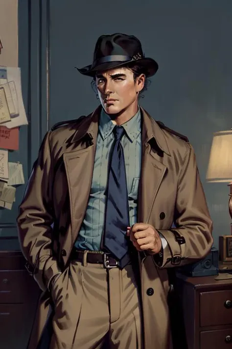 1man, <lora:1950sVintageArt:0.8>, vintage art, illustration, (masterpiece), detective, trenchcoat, fedora, gizzled, five o'clock shadow, loose necktie, grim expression, in office