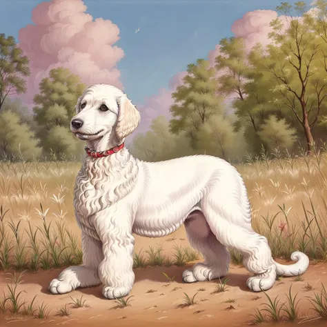 1 poodle, in the park, grass, blue sky with clouds, illustration, vintage art<lora:1950sVintageArt:1>