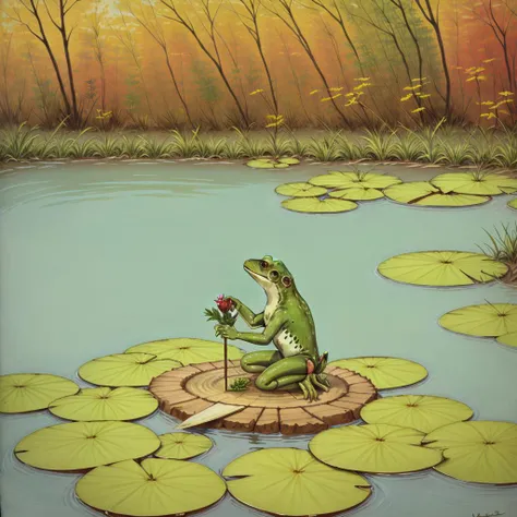 A frog on a lily pad, in the pond, illustration, vintage art<lora:1950sVintageArt:1>