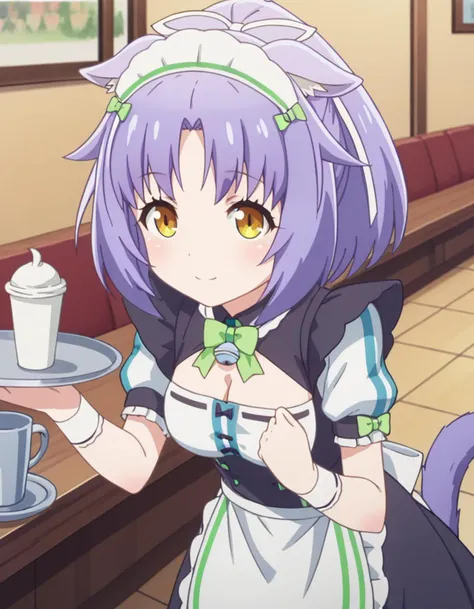 score_9, score_8_up, score_7_up, source_anime,
nekoparacinnamon, <lora:nekopara-cinnamon-s1-ponyxl-lora-nochekaiser:1>,
cinnamon, short hair, animal ears, yellow eyes, purple hair, cat ears,
dress, bow, tail, short sleeves, frills, bowtie, apron, cat tail, maid, maid headdress, bell, cat girl, waist apron, jingle bell, neck bell, waitress, cleavage,
indoors, cafe, bent over, smile,
looking at viewer, solo, cowboy shot, dutch angle,