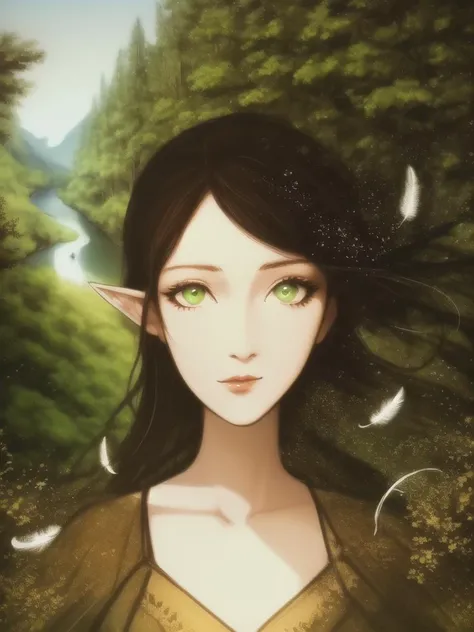 a style of shahua , <lora:ShaHua_Lora:0.1>
(((masterpiece))),(((bestquality))),((ultra-detailed)),(illustration),((anextremelydelicateandbeautiful)),dynamicangle,floating,(beautifuldetailedeyes),(detailedlight) (1girl),small_breasts,floating_hair,glowingeyes,pointy_ears,whitehair,greeneyes,halterdress, feather,leaves,nature,(sunlight),river,(forest),(painting),(sketch),(bloom)