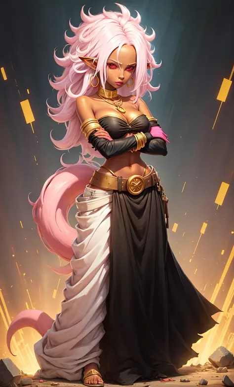 1girl, solo, mature woman, standing, arms crossed, black top, navel, bare shoulders, colored skin, pink skin, long hair, white hair, golden belt, baggy white pants, tail, pointy ears, red eyes, black sclara, gold bracers, gold necklace, large hoop earnings,<lora:Char - Android21MajinForm:0.9> 
detailed background, lab, science equipment, destroyed lab, rubble, <lora:Skin - ColoredSkin:0.2>