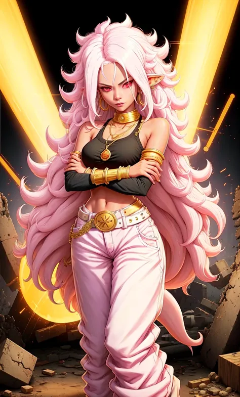 1girl, solo, mature woman, standing, arms crossed, black top, navel, bare shoulders, colored skin:1.1, pink skin:1.2, long hair, white hair, golden belt, baggy white pants, smooth tail, pointy ears, red eyes, black sclara, gold bracers, gold necklace, large hoop earnings,<lora:Char - Android21MajinForm:1.1> 
detailed background, lab, science equipment, destroyed lab, rubble, <lora:Skin - ColoredSkin:0.3>