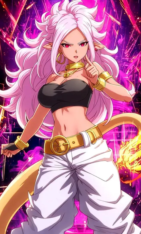 1girl, solo, mature woman, standing, fighting stance, black top, navel, large breasts, bare shoulders, colored skin:1.1, pink skin:1.2, long hair, white hair, golden belt, baggy white pants, smooth tail, pointy ears, red eyes, black sclara, gold bracers, gold necklace, large hoop earnings,<lora:Char - Android21MajinForm:1>
detailed background, lab, science equipment, destroyed lab, rubble, <lora:Skin - ColoredSkin:0.4>
