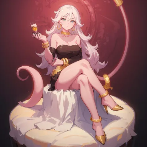 ((mature female, masterpiece, mistress, goddess)),((masterpiece: 1.2)),ultra-detailed, ultra high res, high quality, 4K, solo, 1girl,extreamly delicate and beautiful,illustration,masterpiece,(illustration),(highres),tail,fullbody,pink skin,hoop earrings,yellow choker,belt,sitting,crossed legs,long hair