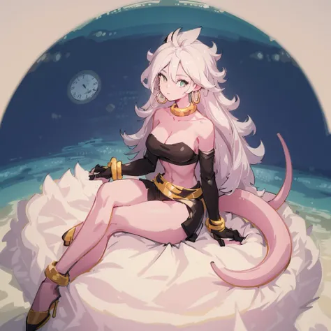 mature female, masterpiece, mistress, goddess,((masterpiece: 1.2)),ultra-detailed, ultra high res, high quality, 4K, solo, 1girl,extreamly delicate and beautiful,illustration,masterpiece,(illustration),(highres),tail,fullbody,pink skin,hoop earrings,yellow choker,belt,sitting,long hair