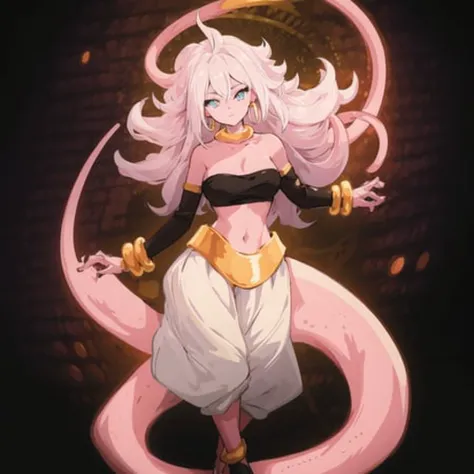 ((masterpiece: 1.2)),ultra-detailed, ultra high res, high quality, 4K, solo, 1girl,extreamly delicate and beautiful,illustration,masterpiece,(illustration),(highres),tail,fullbody,pink skin,hoop earrings,yellow choker,belt