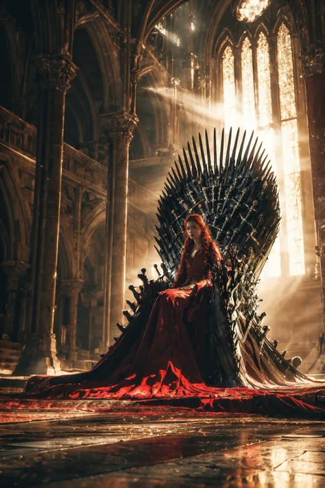 (8k, RAW photo, highly detailed,masterpiece, highest quality),rich colors,high contrast,film still,full shot body photo of the most beautiful artwork in the world,cinematic light,fantasy,highres,(detailed face),
xuer Iron Throne,1girl,sitting,long hair,dress,indoors,solo,red hair,sunlight,robe,
<lora:~Q? gCn8 s^xuer Iron Throne:0.8>,