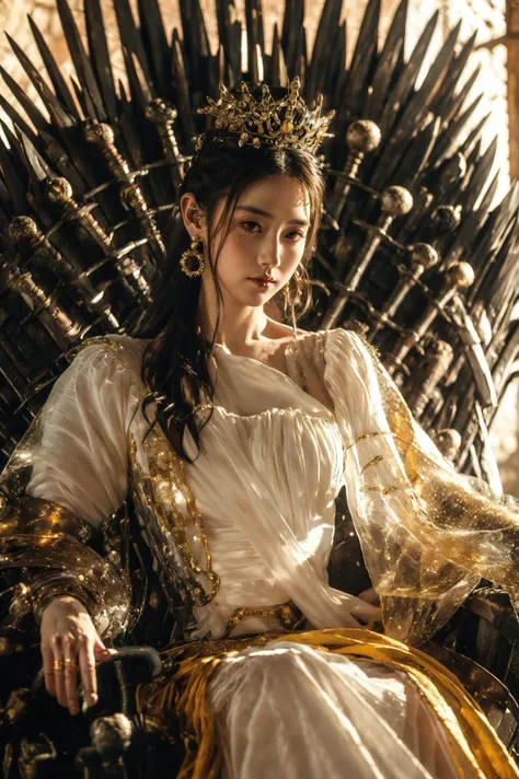 (8k, RAW photo, highly detailed,masterpiece, highest quality),rich colors,high contrast,film still,full shot body photo of the most beautiful artwork in the world,cinematic light,fantasy,highres,(detailed face),
xuer Iron Throne,1girl,jewelry,earrings,solo,long hair,black hair,sitting,blurry,crown,throne,realistic,lips,armor,arrow \(projectile\),looking at viewer,dress,blurry background,weapon,gold,long sleeves,closed mouth,chinese clothes,
<lora:~Q? gCn8 s^xuer Iron Throne:0.8>,