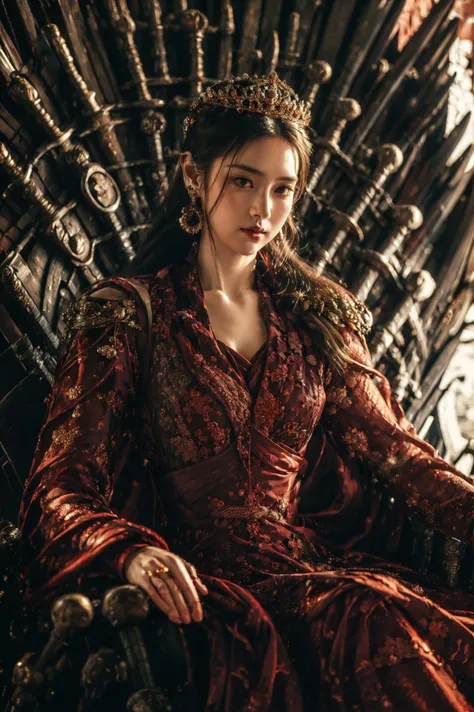 (8k, RAW photo, highly detailed,masterpiece, highest quality),rich colors,high contrast,film still,full shot body photo of the most beautiful artwork in the world,cinematic light,fantasy,highres,(detailed face),
xuer Iron Throne,1girl,sitting,jewelry,black hair,throne,dress,earrings,looking at viewer,red dress,solo,weapon,crown,fire,long sleeves,
<lora:~Q? gCn8 s^xuer Iron Throne:0.8>,