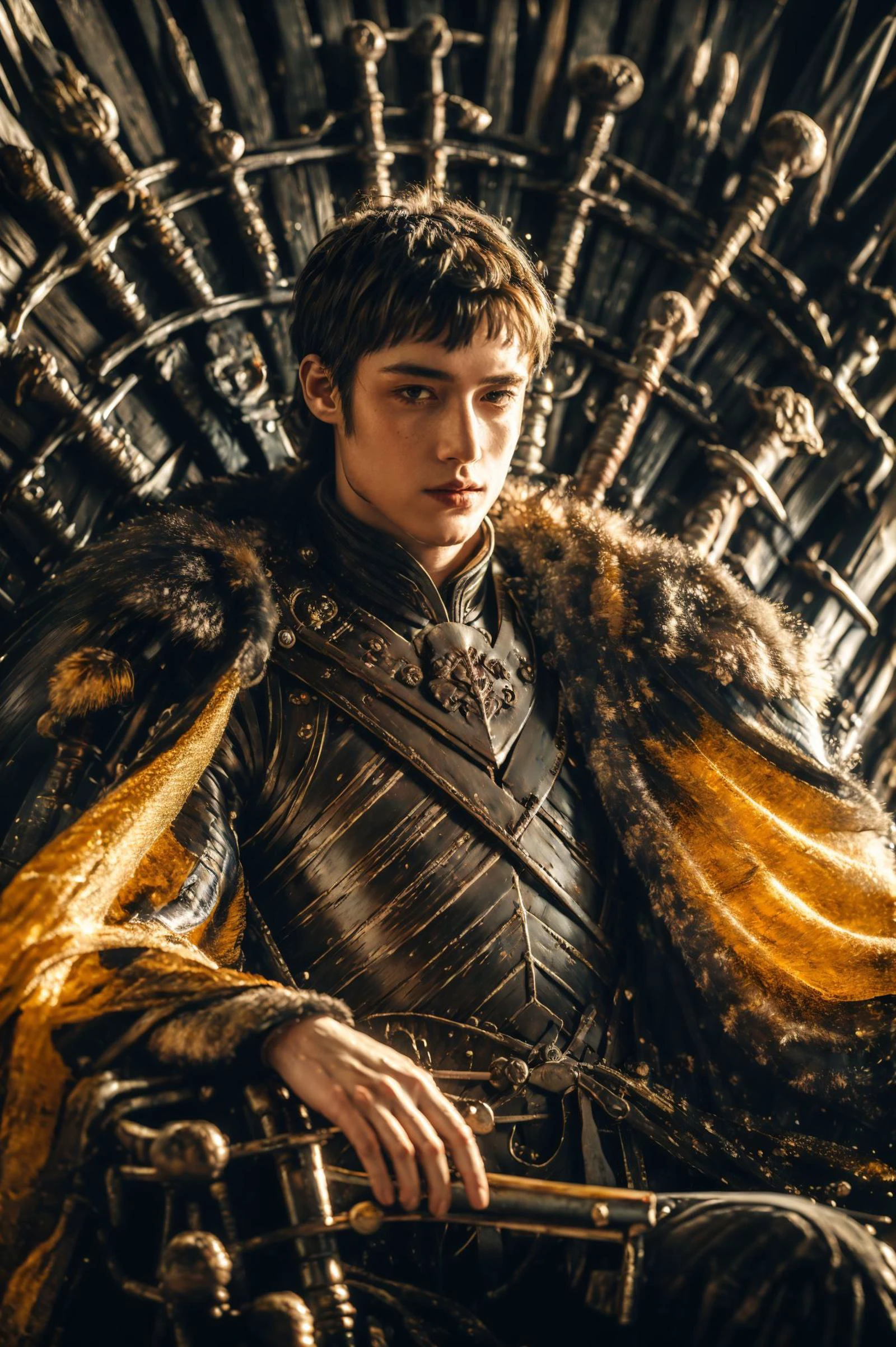 (8k, RAW photo, highly detailed,masterpiece, highest quality),rich colors,high contrast,film still,full shot body photo of the most beautiful artwork in the world,cinematic light,fantasy,highres,(detailed face),
xuer Iron Throne,armor,1boy,weapon,sword,male focus,sitting,throne,black hair,cape,fur trim,blurry,scar,solo,short hair,looking at viewer,helmet,guts \(berserk\),crown,scar on face,
<lora:~Q? gCn8 s^xuer Iron Throne:0.8>,