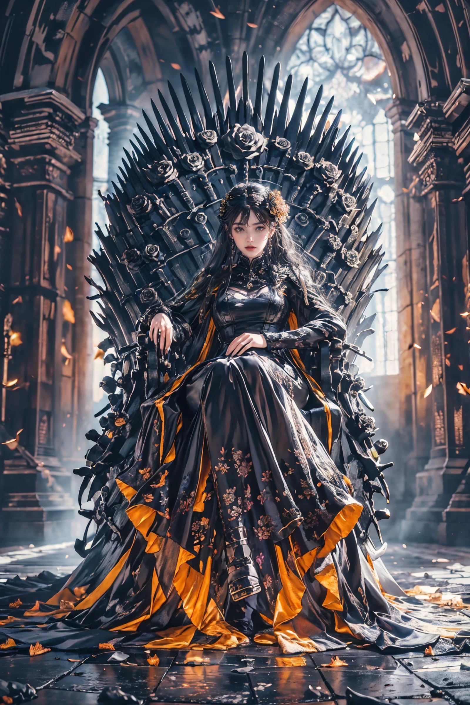 1girl,huge skirt,black dress,everywhere black roses,black rose,flowers,black flowers,the black cloud,exterior,depth of field,top view angle,xuer Iron Throne,<lora:ç»ªå¿ ææ¸¸ éç座xuer Iron Throne:0.6>,