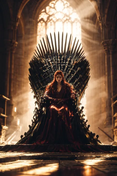 (8k, RAW photo, highly detailed,masterpiece, highest quality),rich colors,high contrast,film still,full shot body photo of the most beautiful artwork in the world,cinematic light,fantasy,highres,(detailed face),
xuer Iron Throne,1girl,sitting,long hair,dress,indoors,solo,red hair,sunlight,robe,
<lora:xuer Iron Throne_20240404221043:0.8>,