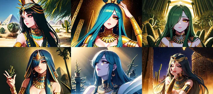 (otherworldly, otherworldly atmosphere, otherworldly appearance), highly insanely detailed, masterpiece, top quality, best quality, highres, 4k, 8k, RAW photo, collar, earrings, jewelry, necklace, armlet,
(long_hair, long hair, random colors cloth, random colors hair, random long hair, dynamic hair, glowing hair, hair over one eye),
(eyelashes, eyeliner, eyeshadow, eyelashes),
makeup,
((ancient egyptian theme)), golden ornaments,
1girl, (portrait:0.4), nsfw,
((desert, Mexico, cacti)),
a grove of mechanical trees swaying to the rhythm of coded breezes, (tranquil:0.6), (serene:0.5),
long messy hair,
<lora:Dua_Lipa-v1:0.85>, a woman du4, spirit-mage, transcendent countenance, blue wizard clothes, (ethereal blue color scheme:1.1), dynamic pose, astral elegance, mysterious guidance, master of ethereal forces, spectral apparitions, spirit realm in background, soft radiant illumination, whispers of the wind, ethereal atmosphere,
BREAK
scenery, (ancient egyptian ruins), (fantasy world)
