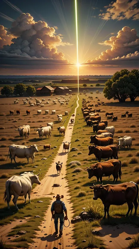 <lora:JediStyle:1>JediStyle an American cowboy tending to his cattle in a wide-open prairie, (tranquil:0.6), (serene:0.5), (Masterpiece:1.3) (best quality:1.2) (high quality:1.1)