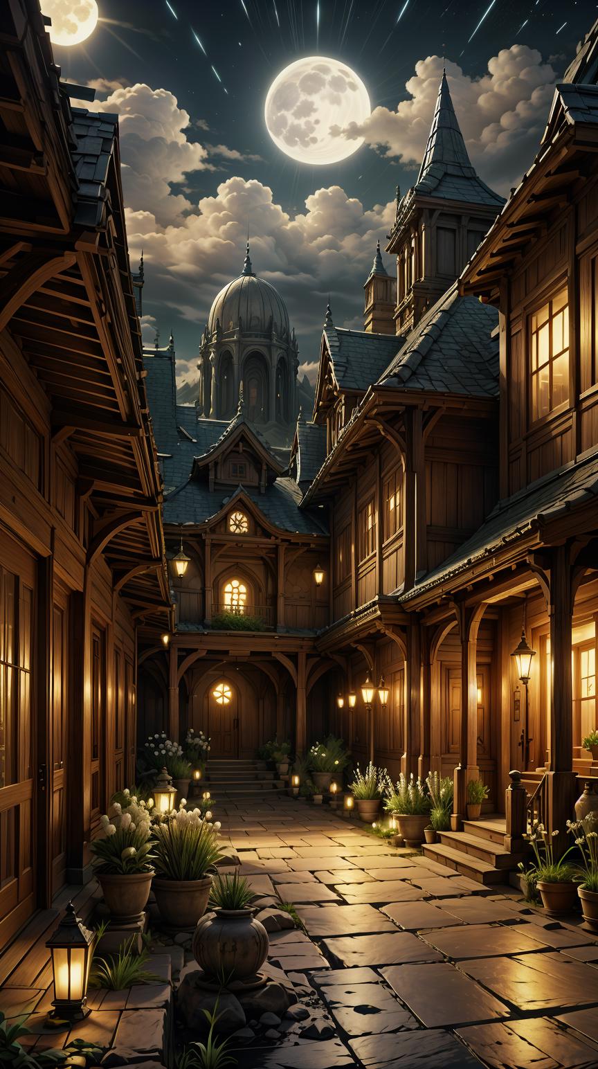 A dark alley with a full moon and a building with a clock tower - SeaArt AI