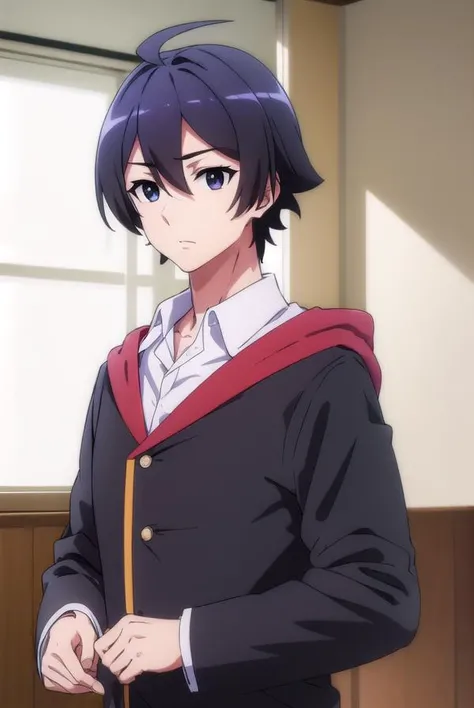 seiichihiiragi, <lora:seiichi hiiragi s2-lora-nochekaiser:1>,
seiichi hiiragi, black hair, hair between eyes, ahoge, male focus, (black eyes:1.5),
BREAK school uniform, hood, robe, shirt, white shirt, collared shirt,
BREAK indoors, classroom,
BREAK looking at viewer, (cowboy shot:1.5),
BREAK <lyco:GoodHands-beta2:1>, (masterpiece:1.2), best quality, high resolution, unity 8k wallpaper, (illustration:0.8), (beautiful detailed eyes:1.6), extremely detailed face, perfect lighting, extremely detailed CG, (perfect hands, perfect anatomy),