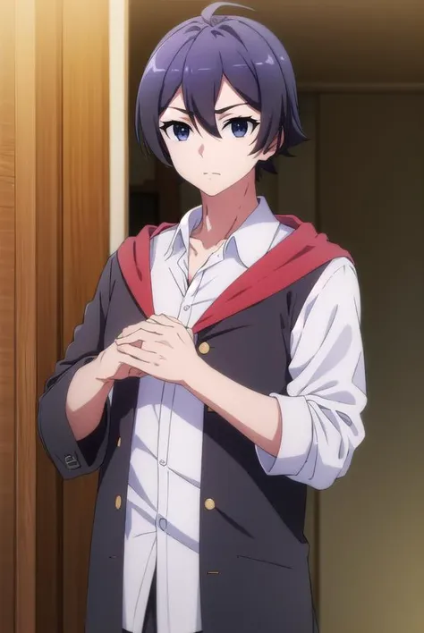 seiichihiiragi, <lora:seiichi hiiragi s2-lora-nochekaiser:1>,
seiichi hiiragi, black hair, hair between eyes, ahoge, male focus, (black eyes:1.5),
BREAK school uniform, hood, robe, shirt, white shirt, collared shirt,
BREAK indoors, classroom,
BREAK looking at viewer, (cowboy shot:1.5),
BREAK <lyco:GoodHands-beta2:1>, (masterpiece:1.2), best quality, high resolution, unity 8k wallpaper, (illustration:0.8), (beautiful detailed eyes:1.6), extremely detailed face, perfect lighting, extremely detailed CG, (perfect hands, perfect anatomy),