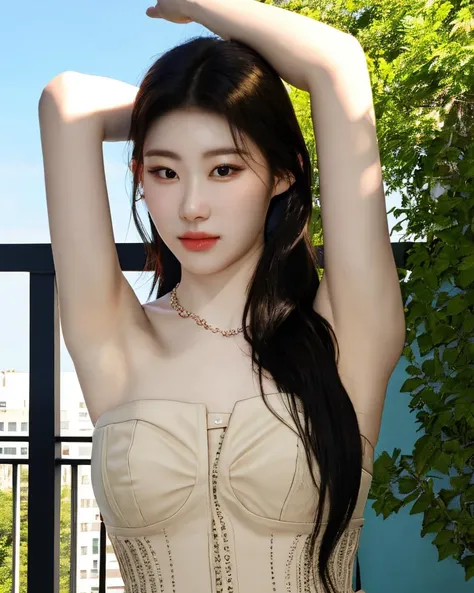 high_quality, (realistic, photo_realistic:1.4), RAW photo, natural light, solo, 1girl, beautiful young Korean idol, chaeryeonglorashy, detailed skin, arm up, strapless, necklace, looking at viewer, (upper body), dynamic pose, outdoors, balcony, <lora:chaeryeonglorashy:0.9>,<lora:polyhedron_skinny_all:0.2>