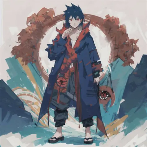 masterpiece, best quality, ultra-detailed, illustration, portrait, sasuke uchiha, akatsuki robe, ((sharicursed ))eyes, evil look, curesed mark on neck, on mountain, full body