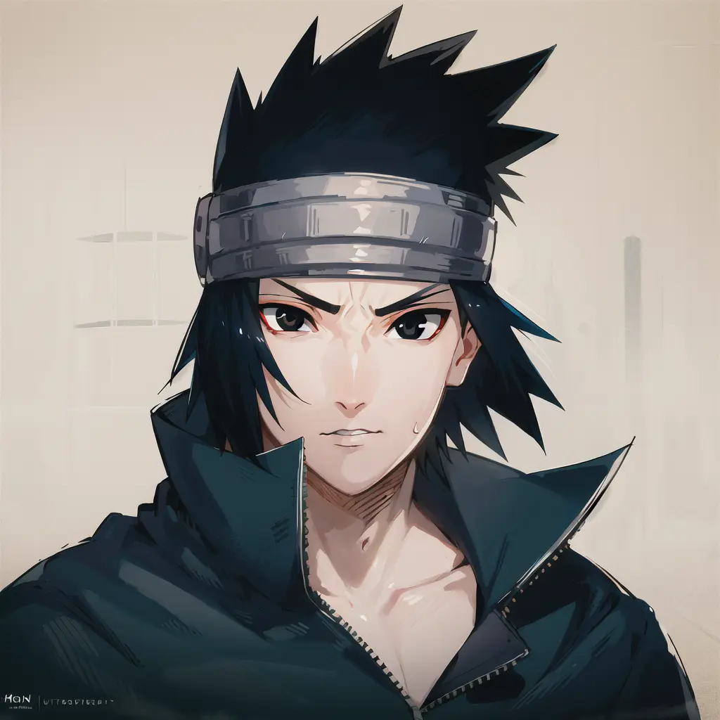 masterpiece, best quality, ultra-detailed, illustration, sasuke uchiha a man with black hair and black eyes looks at the camera with a serious look on his face