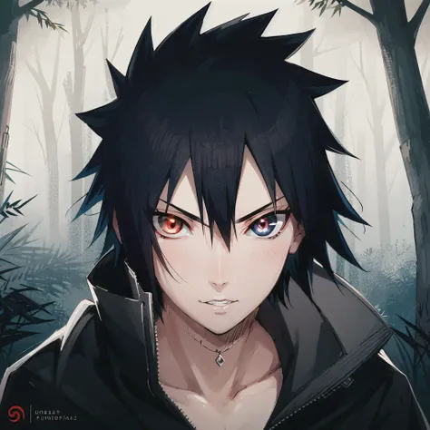 masterpiece, best quality, ultra-detailed, illustration, portrait, sasuke uchiha a close up of a person with a black hair and sharicursed eyes and a black jacket on, in the forest